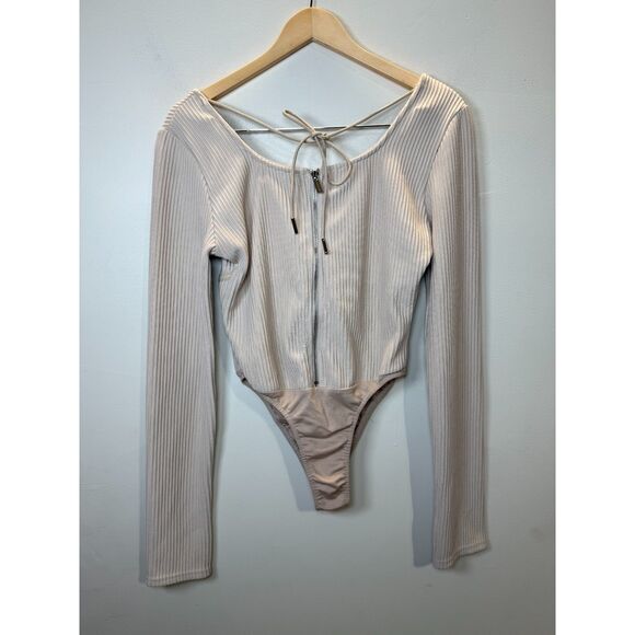 Maniere De Voir Ribbed Long Sleeve Bodysuit - Cream - Picture 2 of 6